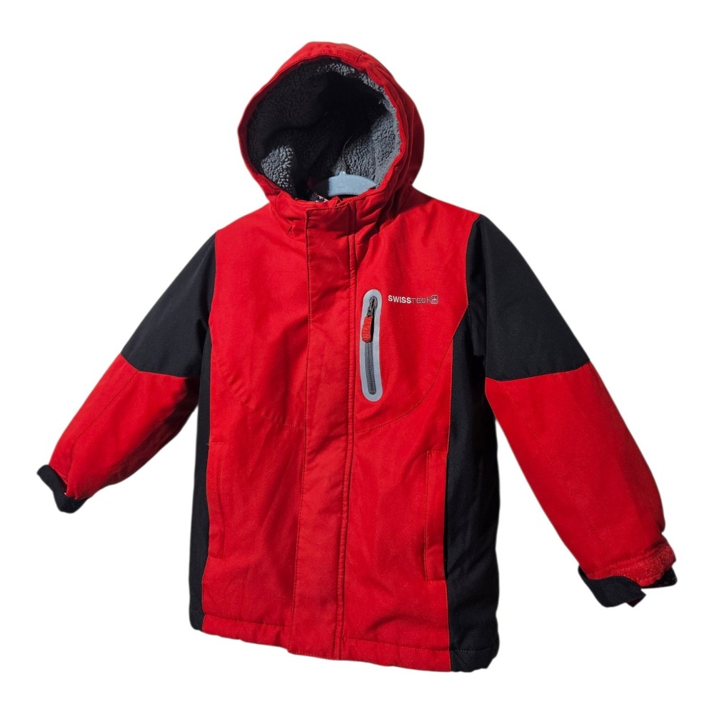 SwissTech Boys 3-in-1 Winter Jacket Red Black Hooded Fleece Puffer XS 4-5